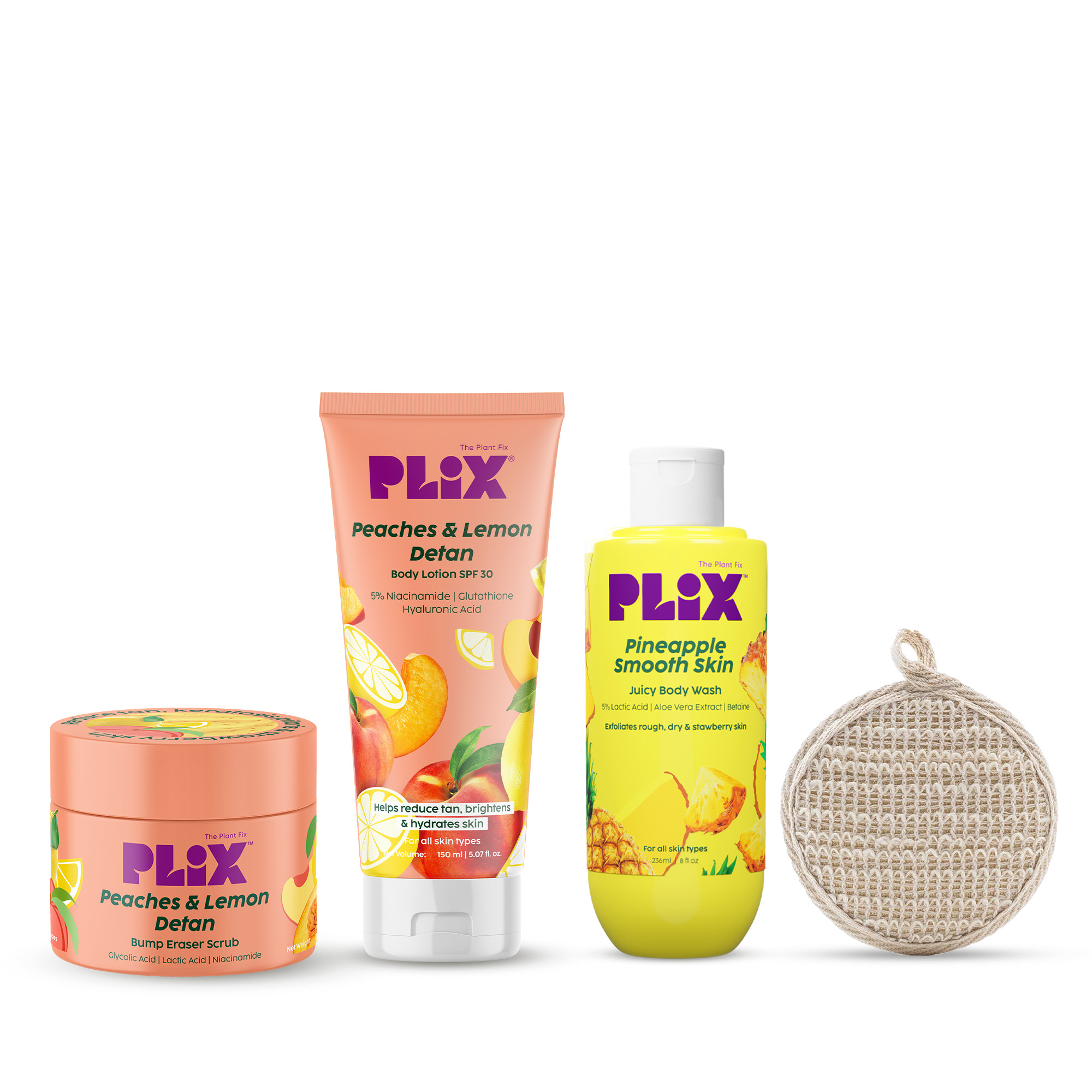 Peaches & Lemon Detan Kit with Body Scrub, Body Lotion, Body Wash & Loofah